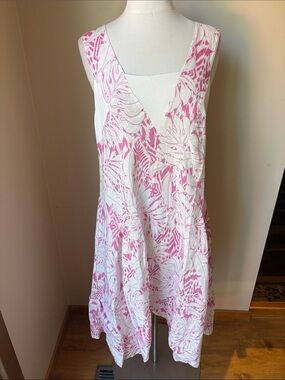Sleeveless Pink and White linen Midi Dress